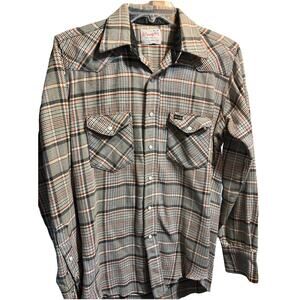 Vintage 60s Wrangler 15 x 34 Gray Plaid Pearl Snap Shirt | XL Tails | USA Made